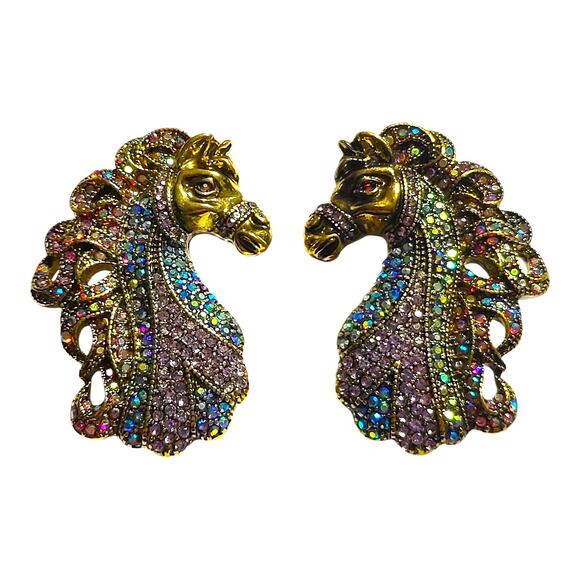 Fancy Antiqued Bronze Round Multi Color Crystal Horse Head Earrings - Picture 1 of 5